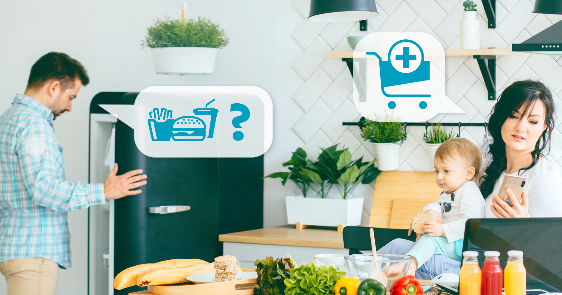 ready-to-eat meals or takeout discussion between man and woman in a kitchen
