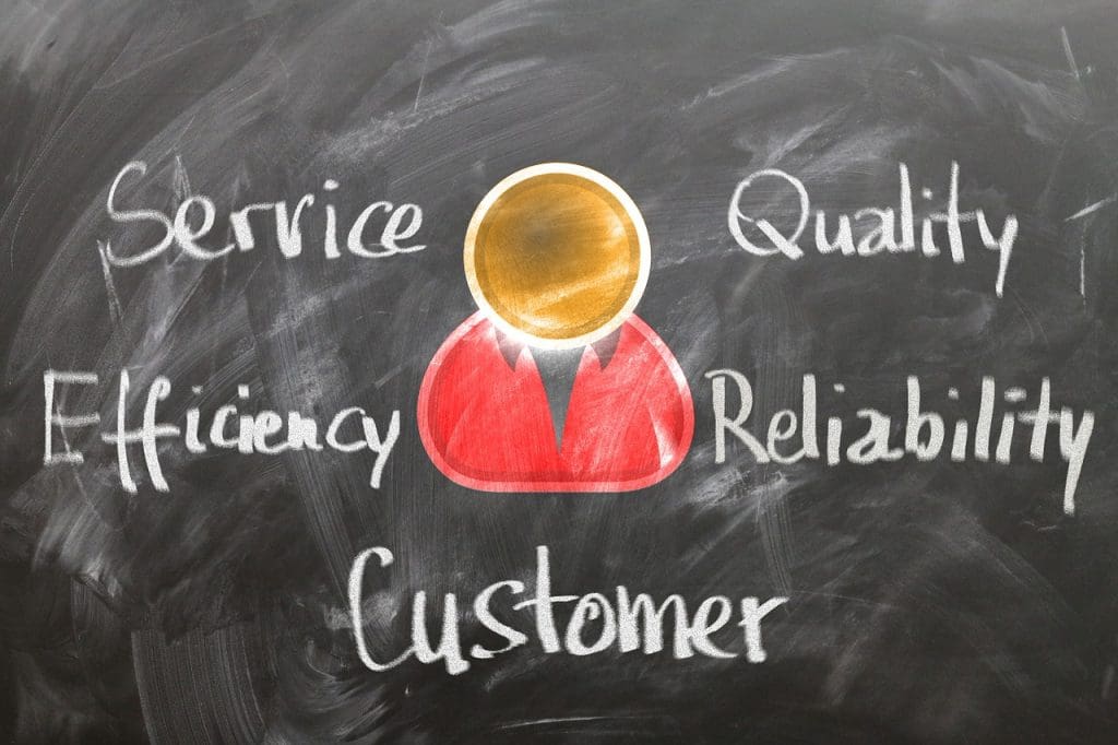 An chalk drawing of a customer and their top priorities in retail: service, quality, efficiency, and reliability.