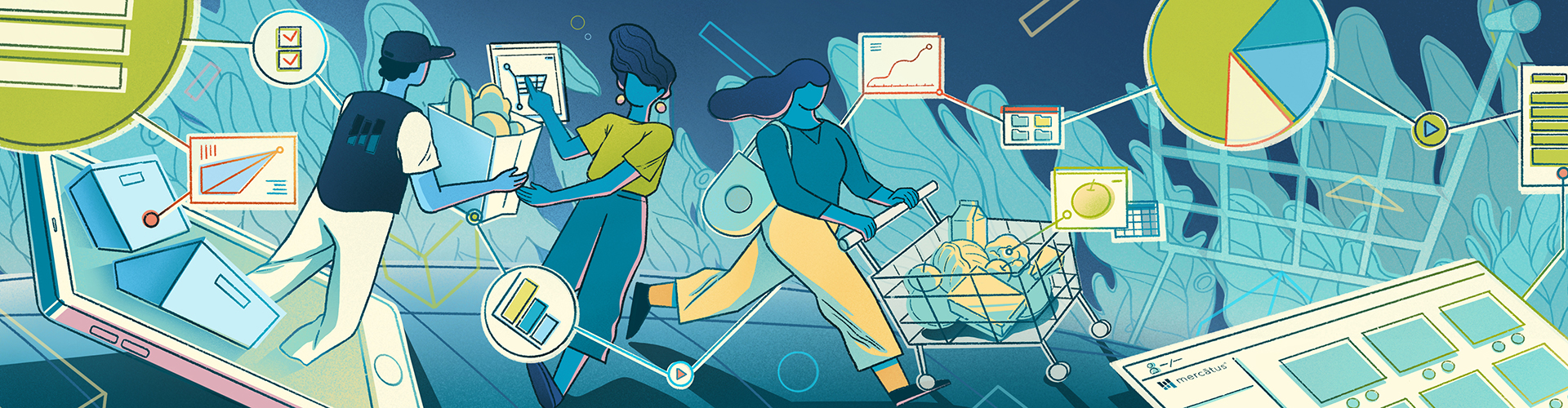 Grocery eCommerce swirls around three people as they buy groceries, illustration